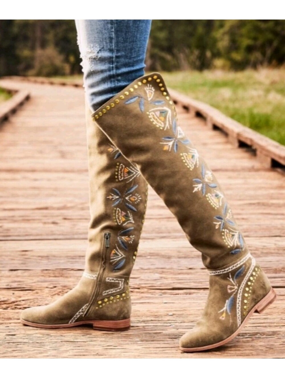 Frye Tall Suede Leather Boots, OTK, Tina Embroidery, Studs, Size 7.5 *RARE!*